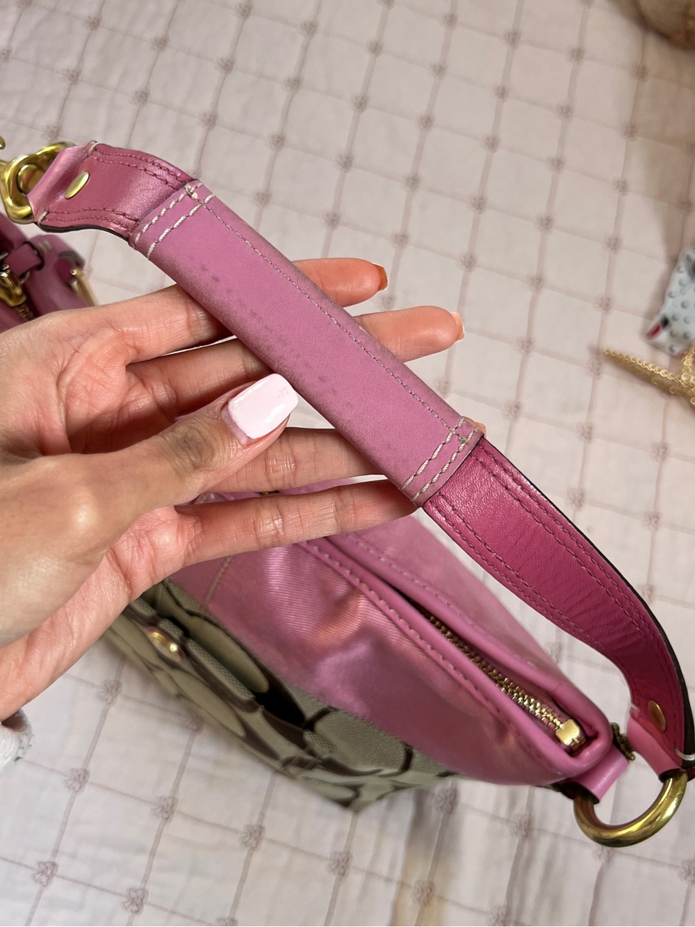 Coach Hobo Bag Medium Pink Khaki Signature Monogram Satin Leather 11957 - Picture 13 of 16